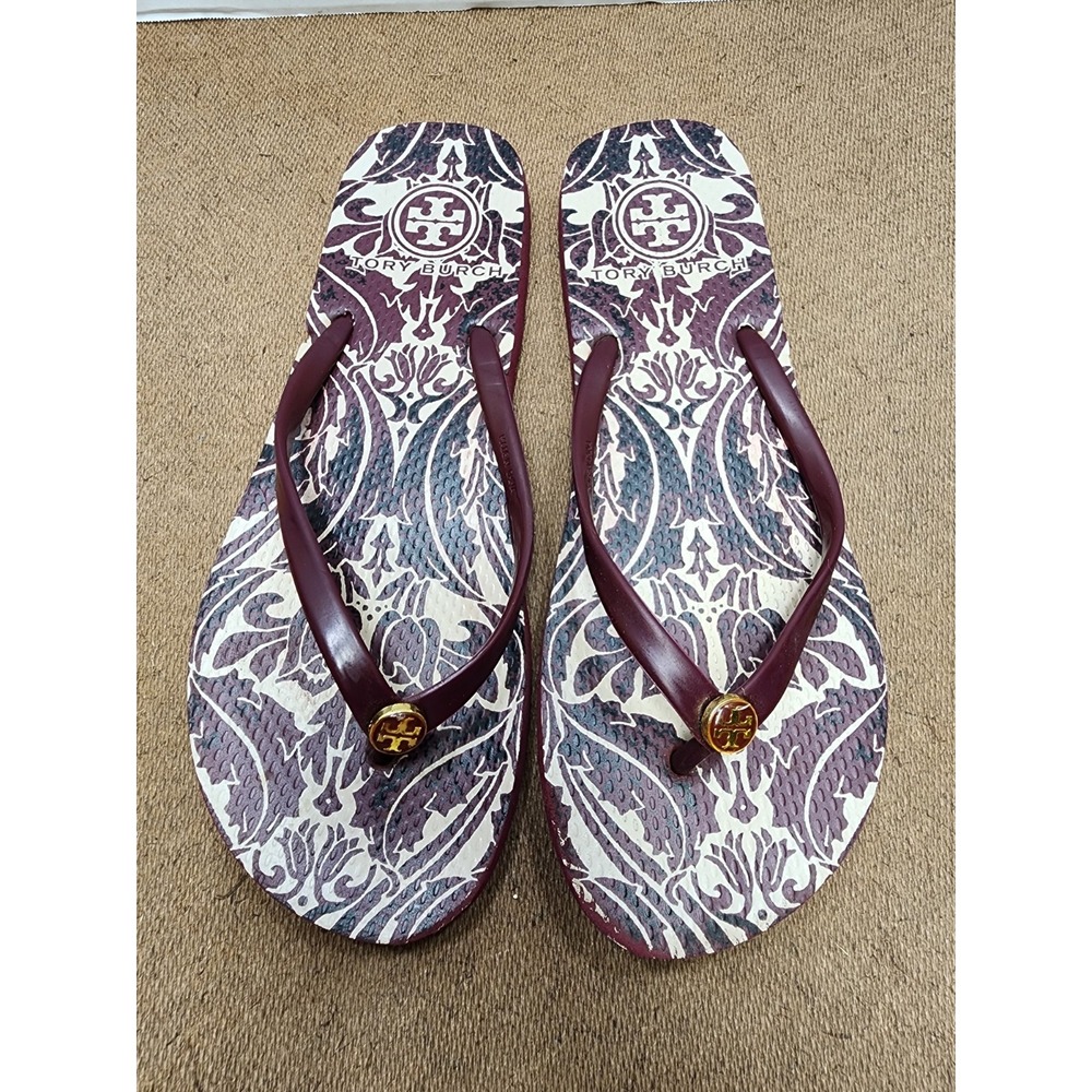 Tory Burch Flip Flops 9 Cabernet Arabesque Slip On Sandals Womens Damask Chic